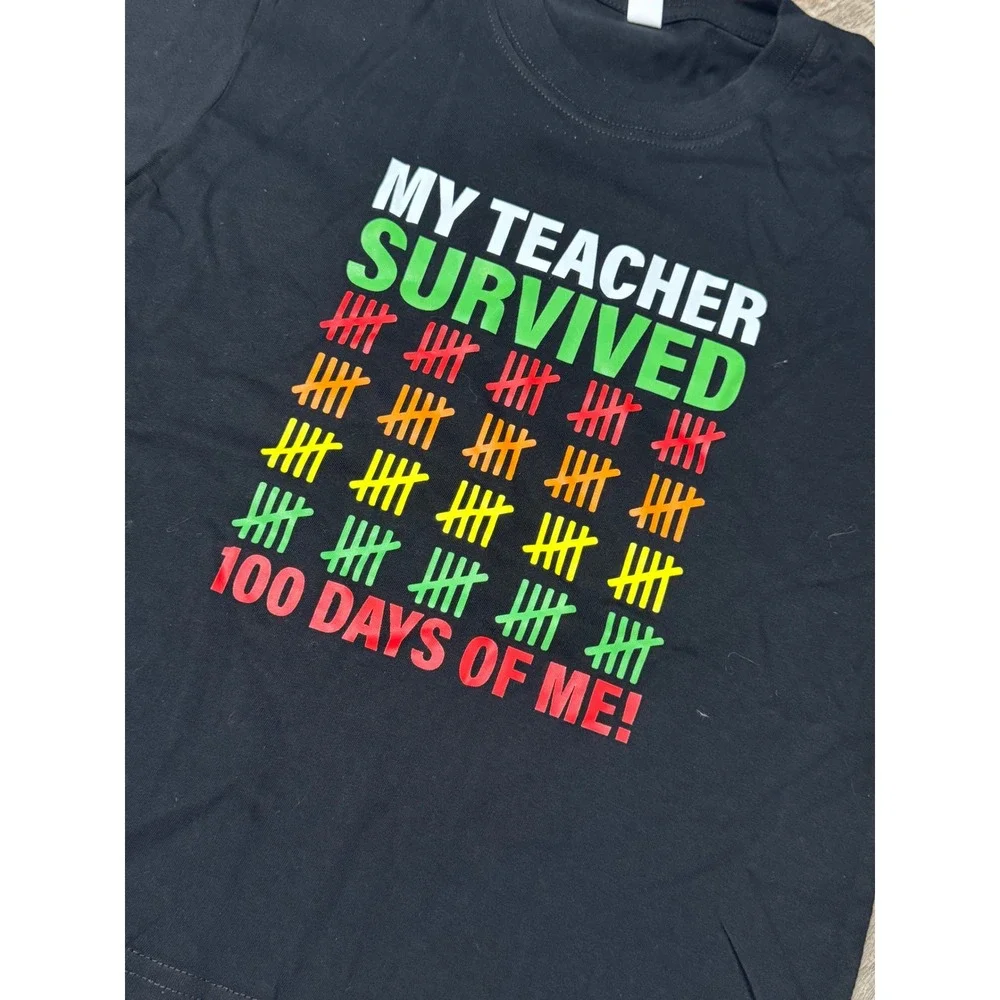 100 Days of School Kids T-Shirt My Teacher Survived Black Graphic Size 130 7/8